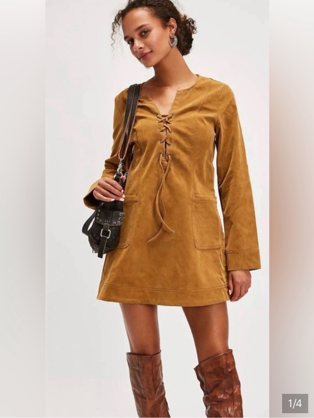 NWT Free People Bradley Faux Suede Mini Dress Tobacco Western Festival Sz Medium